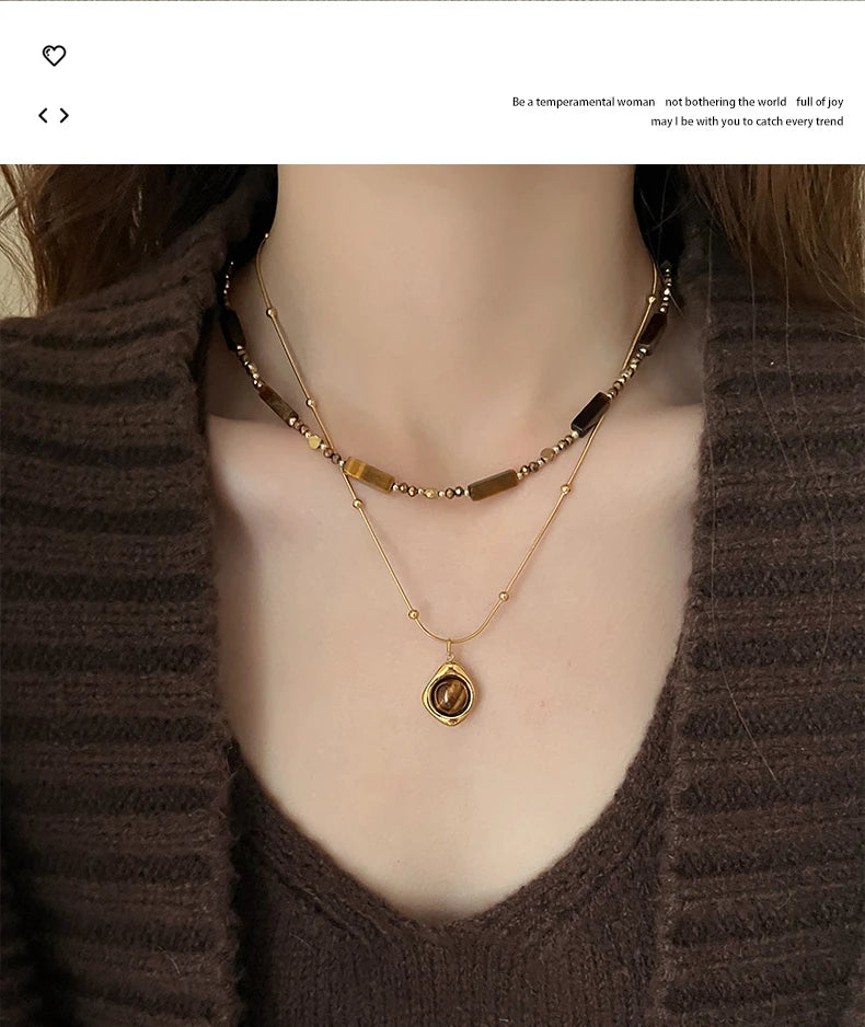 Retro Temperament Layered Tiger Eye Stone Pendant Necklace For Women Stainless steel Double-Layer Collarbone Chain Sets Jewelry