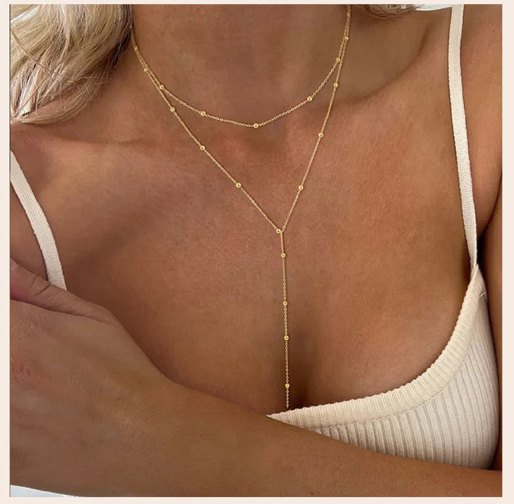 Stainless Steel Lariat Necklace Gold Plated, Dainty Long Necklace Laryered Necklaces For Women Girls, Y Shape Drop Pendant