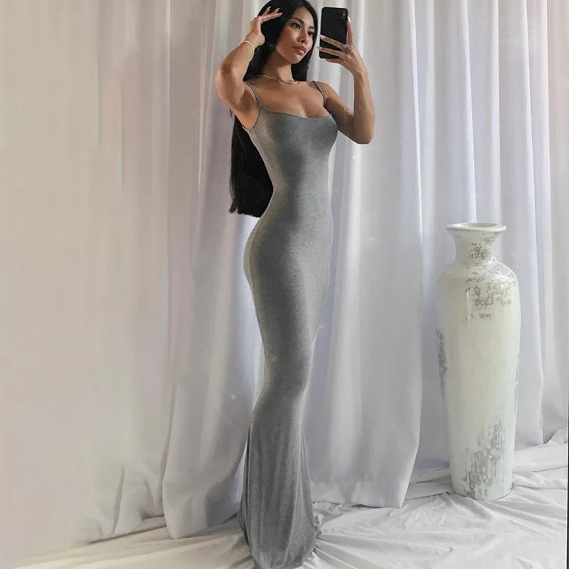 2025 Summer Dresses For Women Sexy Spaghetti Strap Black Long Dress Y2k Sleeveless Solid Skinny Bodycon Trumpet Maxi Vestidos