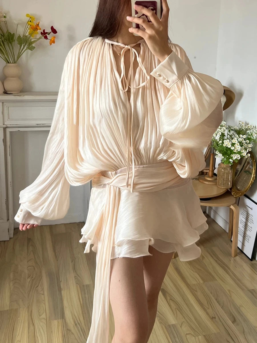 TWOTWINSTYLE Solid Spliced Lace Up Loose Dresses For Women O Neck Long Sleeve High Waist Temperament Dress Female Fashion New