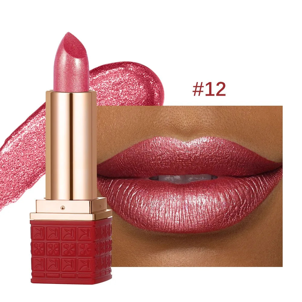 Rose Metallic Lipstick Glitter Lip Glaze Waterproof Long Lasting Moisturize Bright Red Pearlescent Shiny Lipgloss Makeup 12color