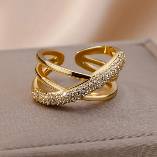 Zircon Double Cross Shape Rings For Women Gold Plated Stainless Steel Cross Ring Luxury Wedding Couple Aesthetic Jewerly Gift