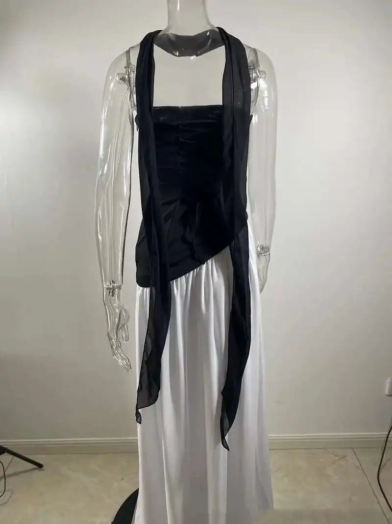 Mozision Strapless Off-shoulder Sexy Maxi Dress For Women Gown Patchwork Scarf Collar Thigh High Split Club Party Long Dress