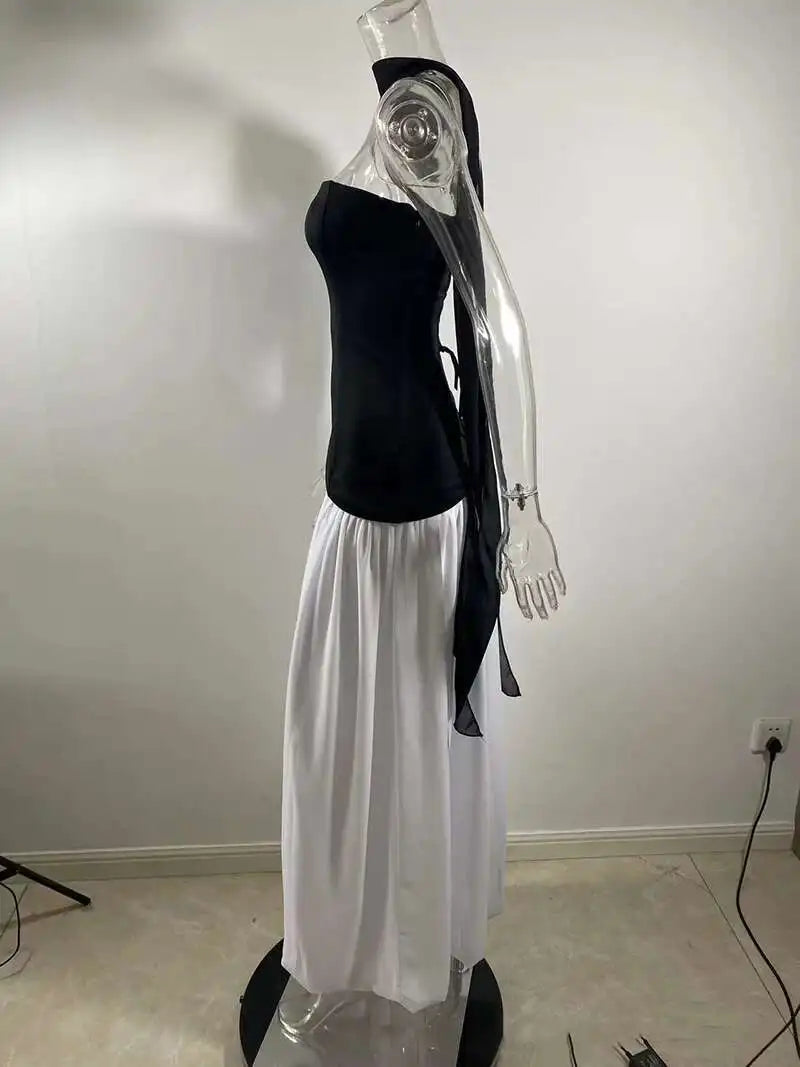 Mozision Strapless Off-shoulder Sexy Maxi Dress For Women Gown Patchwork Scarf Collar Thigh High Split Club Party Long Dress