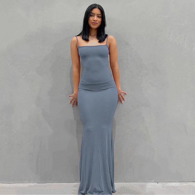 2025 Summer Dresses For Women Sexy Spaghetti Strap Black Long Dress Y2k Sleeveless Solid Skinny Bodycon Trumpet Maxi Vestidos