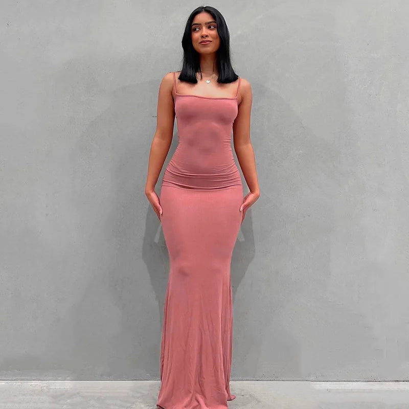 2025 Summer Dresses For Women Sexy Spaghetti Strap Black Long Dress Y2k Sleeveless Solid Skinny Bodycon Trumpet Maxi Vestidos