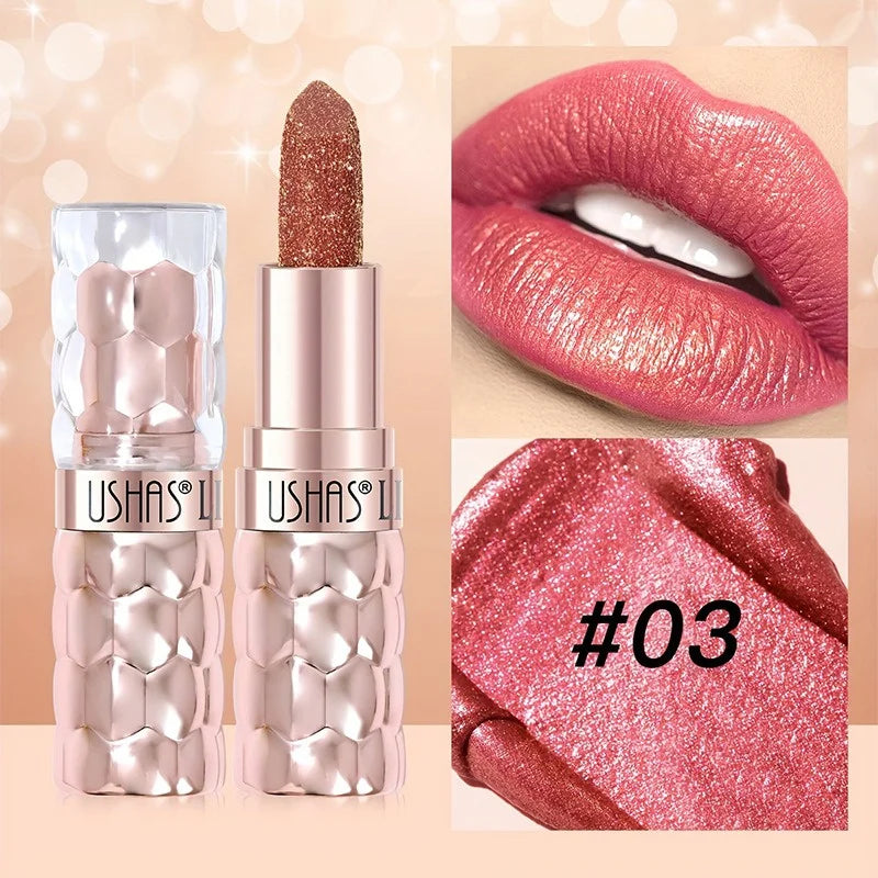 12 Colors Diamond Pearlescent Lipstick Glitter Shiny Metallic Lipstick Long Lasting Lip Tint Non-stick Cup Red Sexy Lips Makeup
