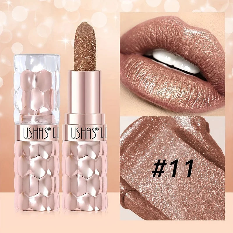12 Colors Diamond Pearlescent Lipstick Glitter Shiny Metallic Lipstick Long Lasting Lip Tint Non-stick Cup Red Sexy Lips Makeup