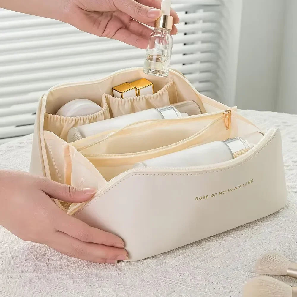 New Large Capacity Travel Cosmetic Bag Portable Leather Toiletry Bag with Handle Organizer Multifunctional Waterproof Makeup Bag