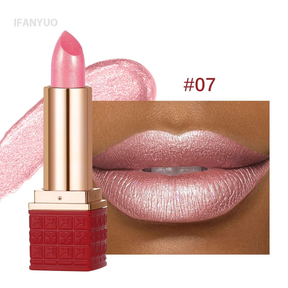 Rose Metallic Lipstick Glitter Lip Glaze Waterproof Long Lasting Moisturize Bright Red Pearlescent Shiny Lipgloss Makeup 12color