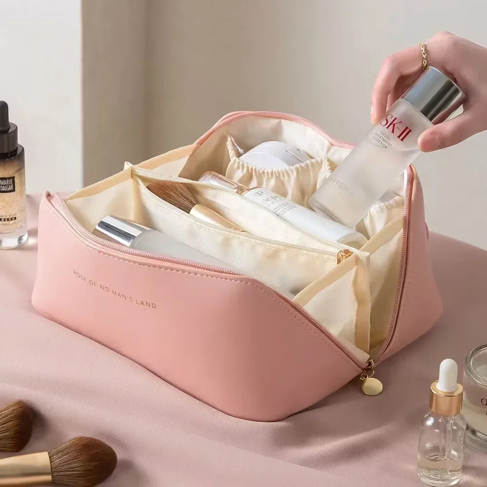 New Large Capacity Travel Cosmetic Bag Portable Leather Toiletry Bag with Handle Organizer Multifunctional Waterproof Makeup Bag
