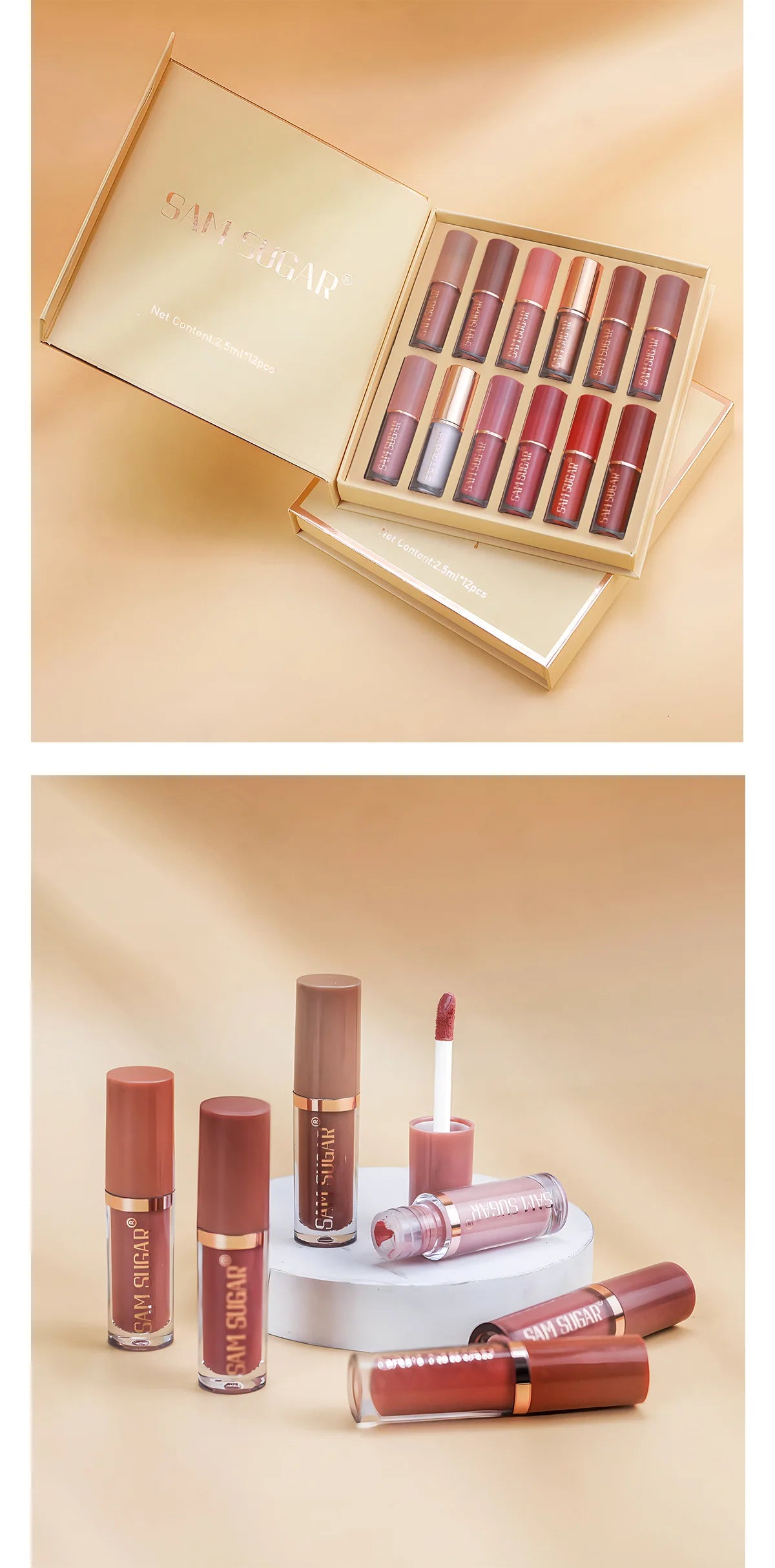 SAM SUGAR 12pcs/set muticolor Book Lip Gloss Set Matte Velvet Non-stick Cup longlasting waterproof easy color Lip gloss lipstick