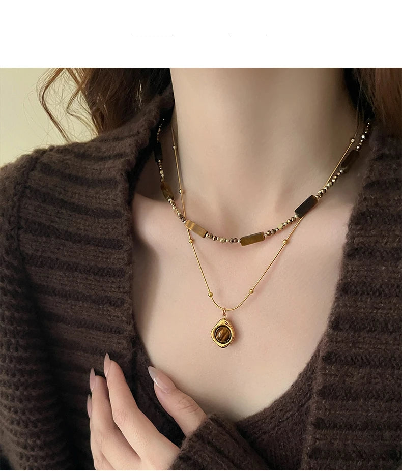 Retro Temperament Layered Tiger Eye Stone Pendant Necklace For Women Stainless steel Double-Layer Collarbone Chain Sets Jewelry