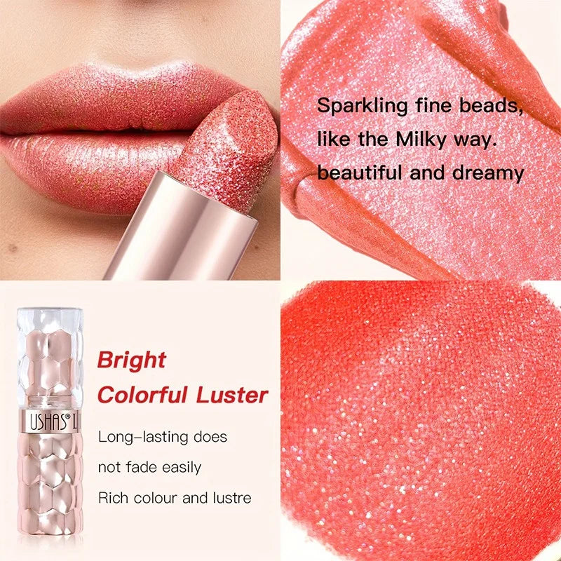12 Colors Diamond Pearlescent Lipstick Glitter Shiny Metallic Lipstick Long Lasting Lip Tint Non-stick Cup Red Sexy Lips Makeup