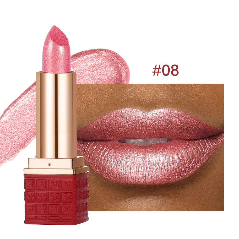 Rose Metallic Lipstick Glitter Lip Glaze Waterproof Long Lasting Moisturize Bright Red Pearlescent Shiny Lipgloss Makeup 12color