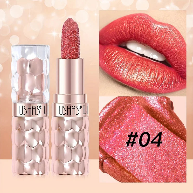 12 Colors Diamond Pearlescent Lipstick Glitter Shiny Metallic Lipstick Long Lasting Lip Tint Non-stick Cup Red Sexy Lips Makeup
