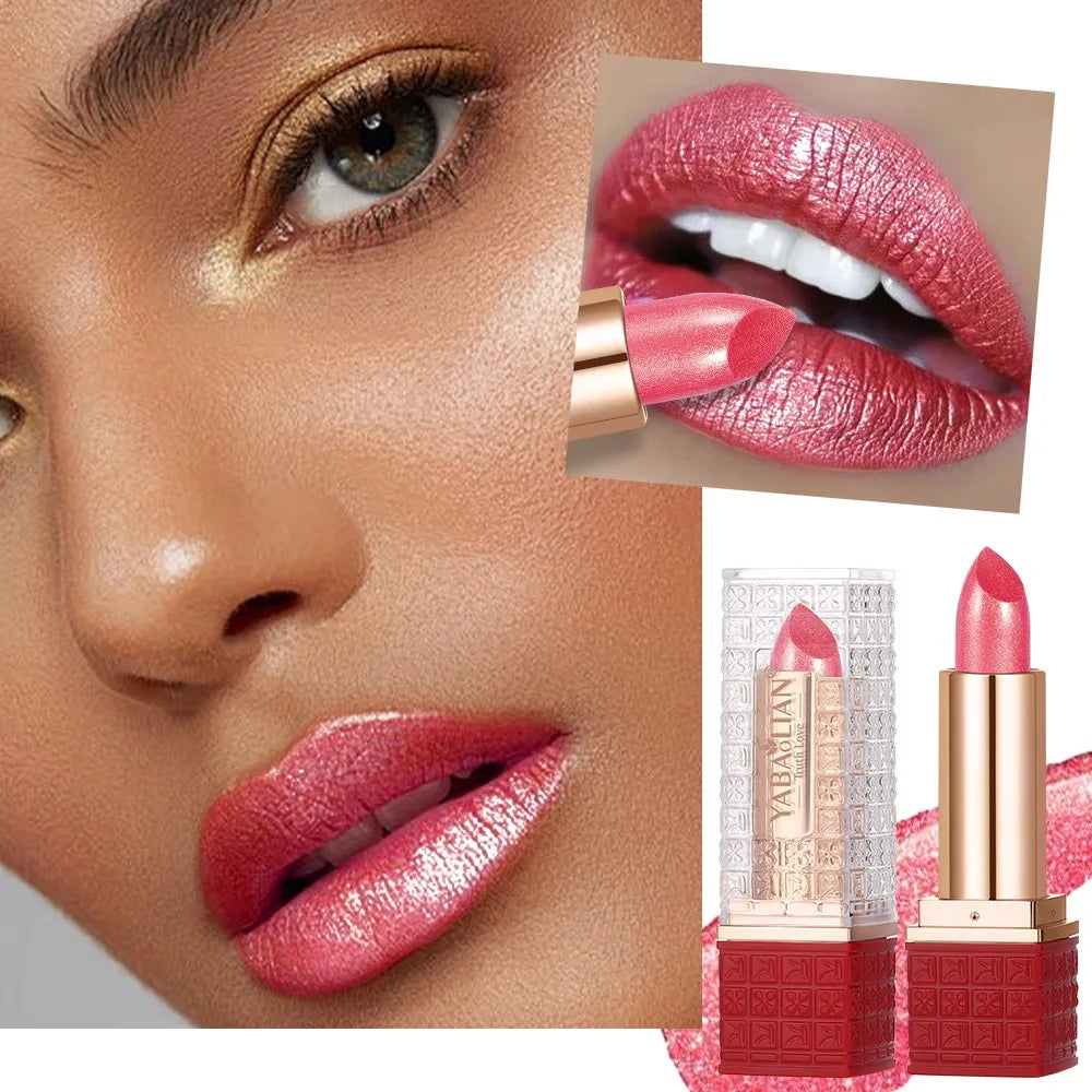 Rose Metallic Lipstick Glitter Lip Glaze Waterproof Long Lasting Moisturize Bright Red Pearlescent Shiny Lipgloss Makeup 12color