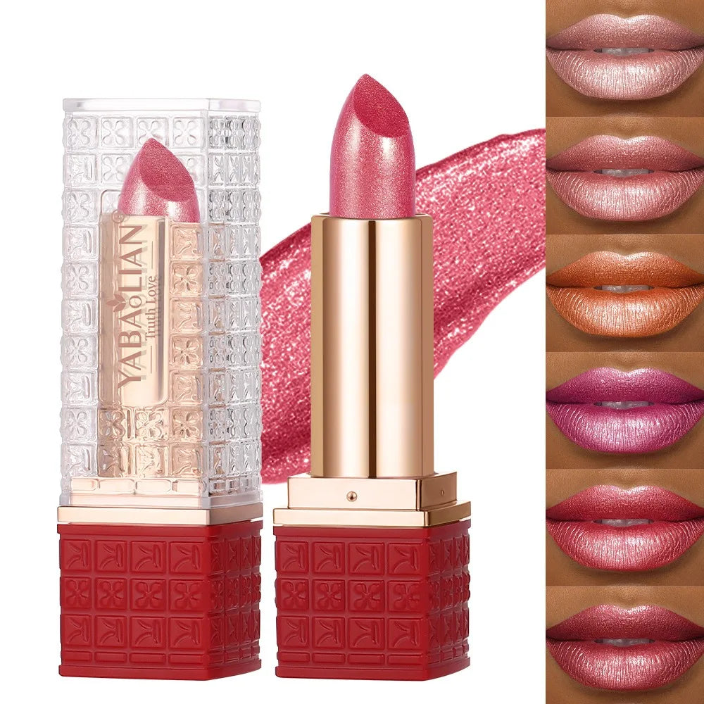 Rose Metallic Lipstick Glitter Lip Glaze Waterproof Long Lasting Moisturize Bright Red Pearlescent Shiny Lipgloss Makeup 12color