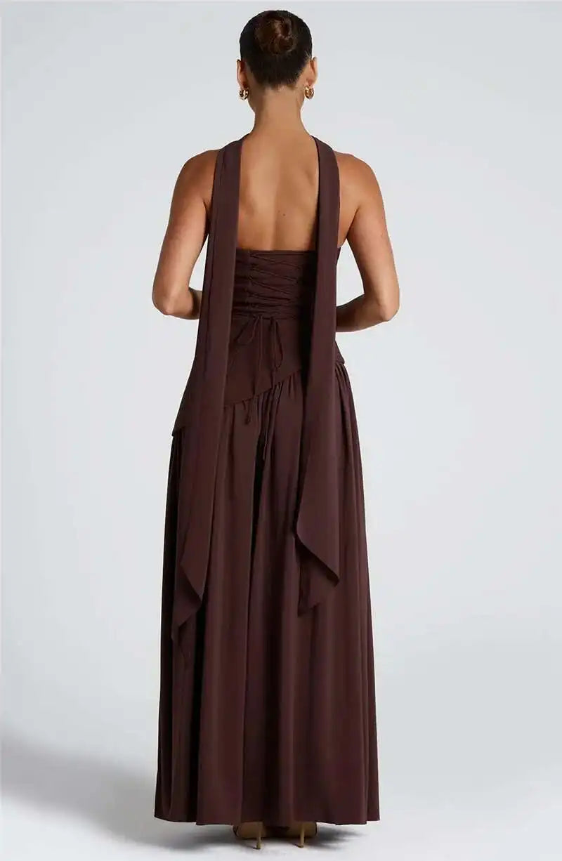 Mozision Strapless Off-shoulder Sexy Maxi Dress For Women Gown Patchwork Scarf Collar Thigh High Split Club Party Long Dress