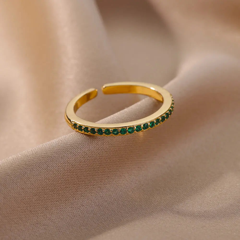 Mini Zircon Green Rings For Women Stainless Steel Gold Color Adjustable Finger Ring Engagement Wedding Christmas Jewelry Gift
