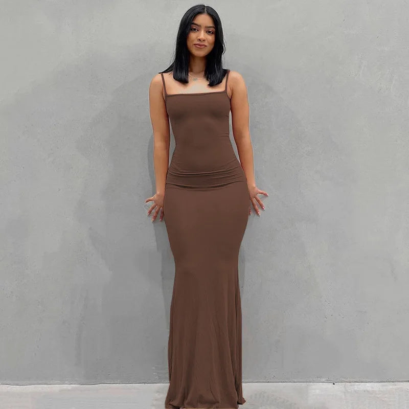 2025 Summer Dresses For Women Sexy Spaghetti Strap Black Long Dress Y2k Sleeveless Solid Skinny Bodycon Trumpet Maxi Vestidos