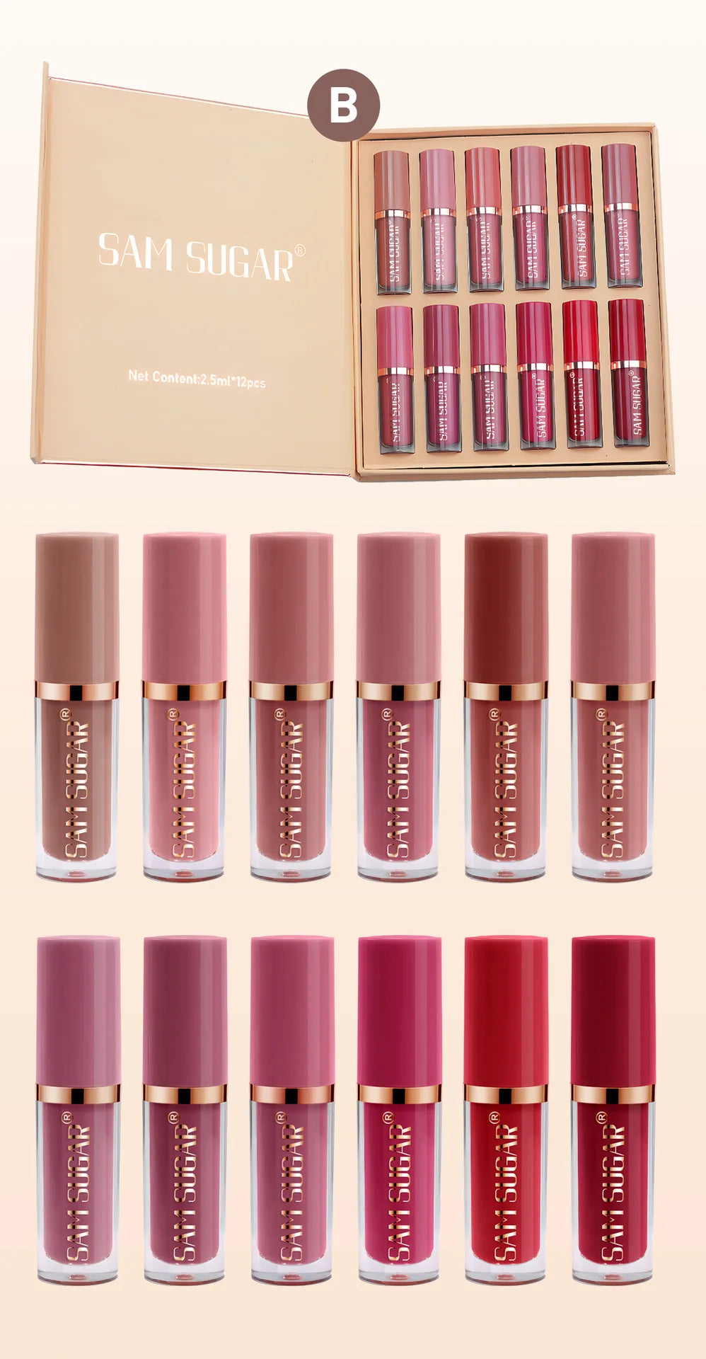 SAM SUGAR 12pcs/set muticolor Book Lip Gloss Set Matte Velvet Non-stick Cup longlasting waterproof easy color Lip gloss lipstick