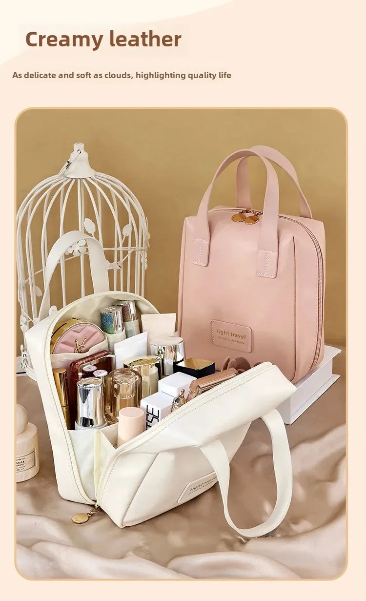 New Large Capacity Travel Cosmetic Bag Portable Leather Toiletry Bag with Handle Organizer Multifunctional Waterproof Makeup Bag