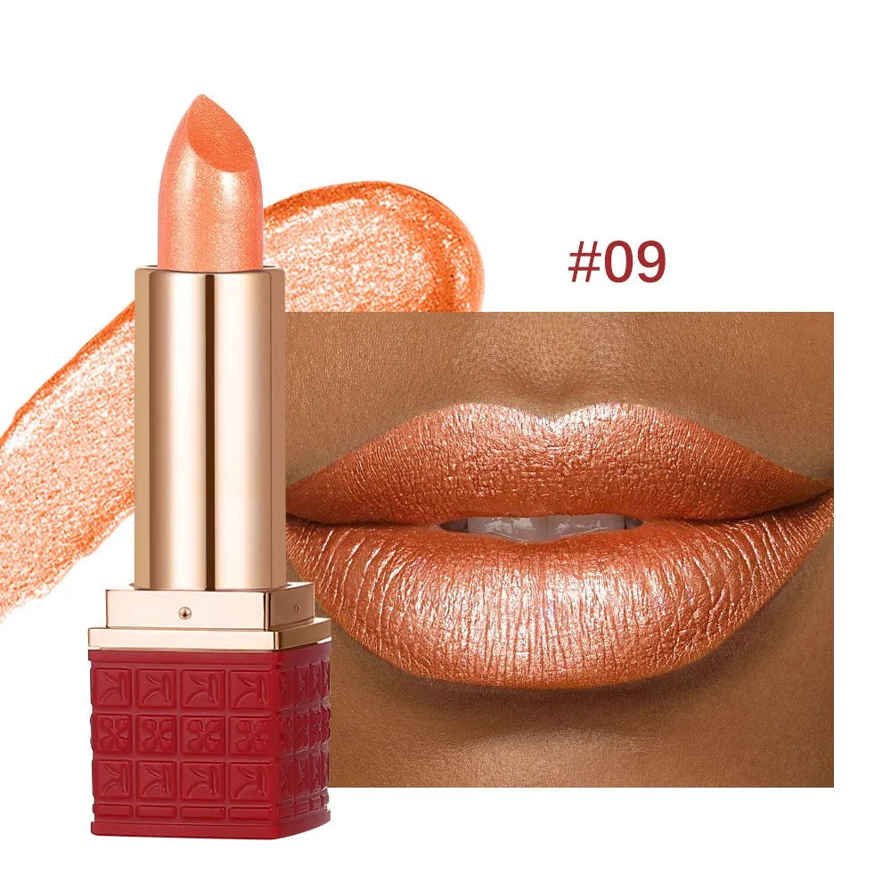 Rose Metallic Lipstick Glitter Lip Glaze Waterproof Long Lasting Moisturize Bright Red Pearlescent Shiny Lipgloss Makeup 12color