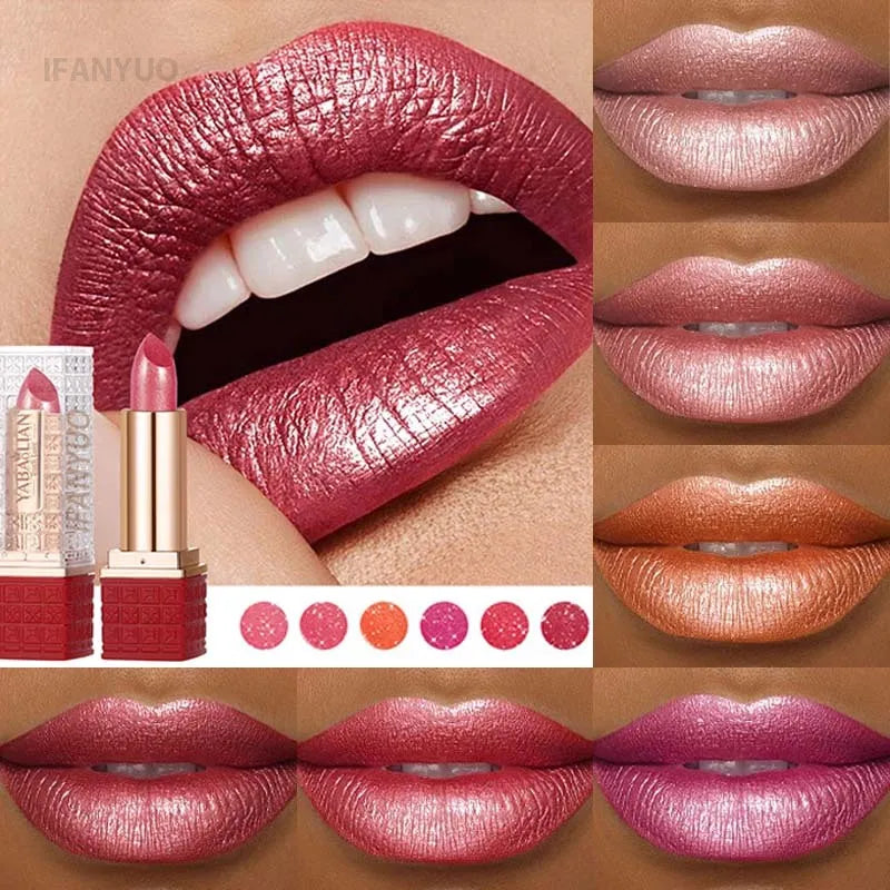 Rose Metallic Lipstick Glitter Lip Glaze Waterproof Long Lasting Moisturize Bright Red Pearlescent Shiny Lipgloss Makeup 12color