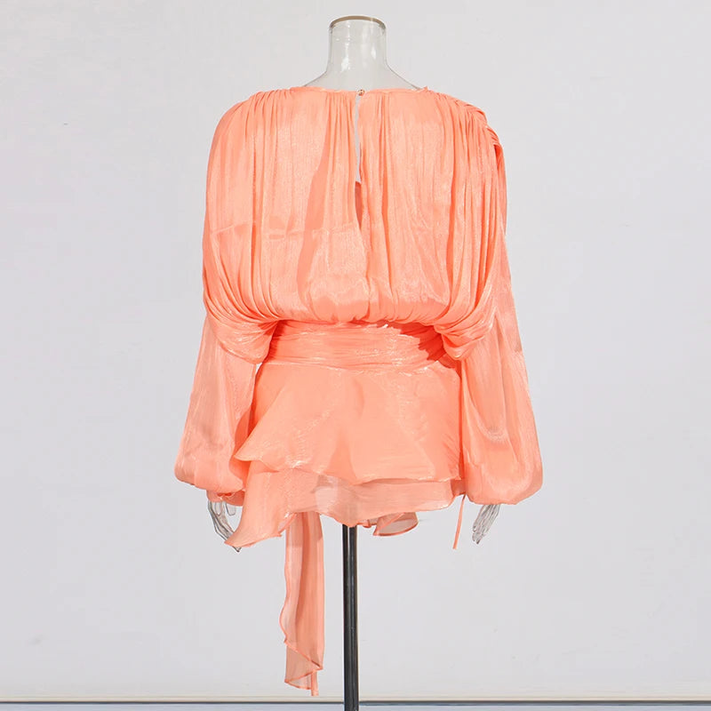 TWOTWINSTYLE Solid Spliced Lace Up Loose Dresses For Women O Neck Long Sleeve High Waist Temperament Dress Female Fashion New