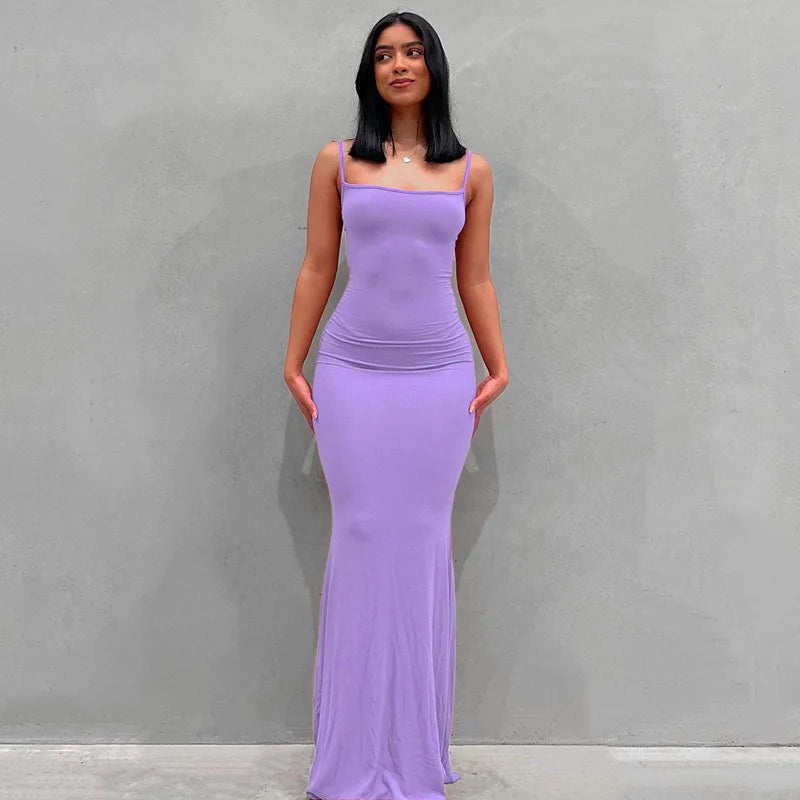 2025 Summer Dresses For Women Sexy Spaghetti Strap Black Long Dress Y2k Sleeveless Solid Skinny Bodycon Trumpet Maxi Vestidos