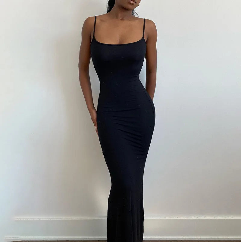 2025 Summer Dresses For Women Sexy Spaghetti Strap Black Long Dress Y2k Sleeveless Solid Skinny Bodycon Trumpet Maxi Vestidos