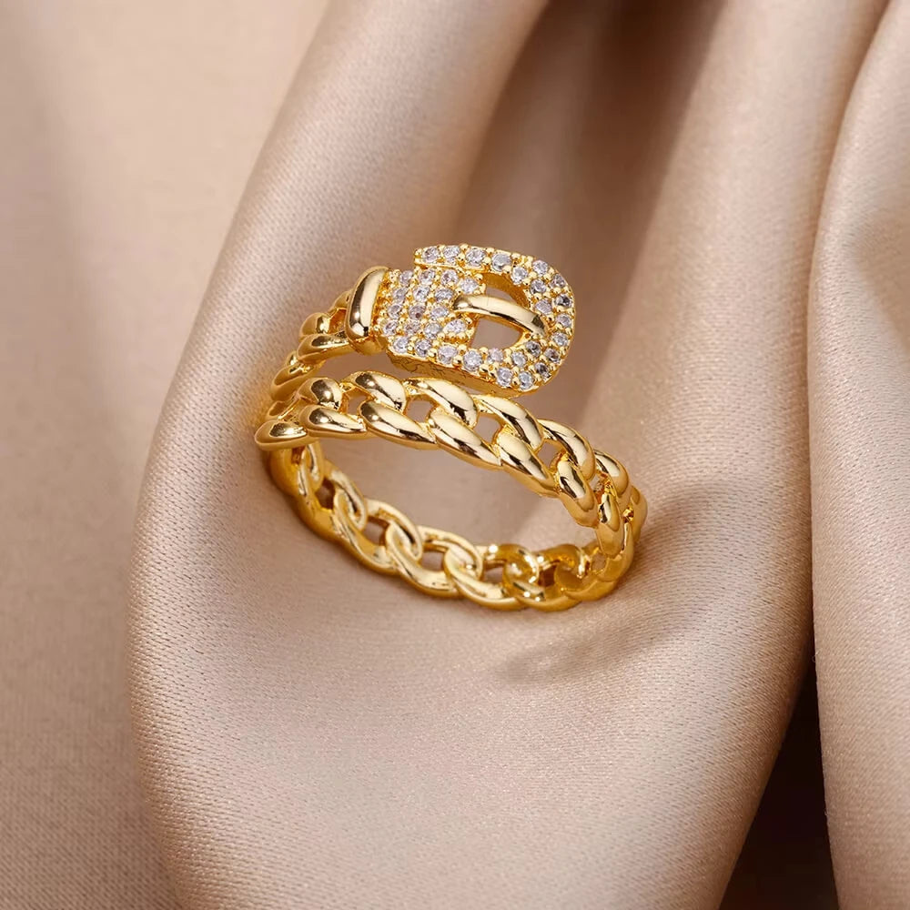 Stainless Steel Zircon Geometric Rings For Women Luxury Evil Eye Gold Color Adjustable Trendy Wedding Aesthetic Jewerly Gift