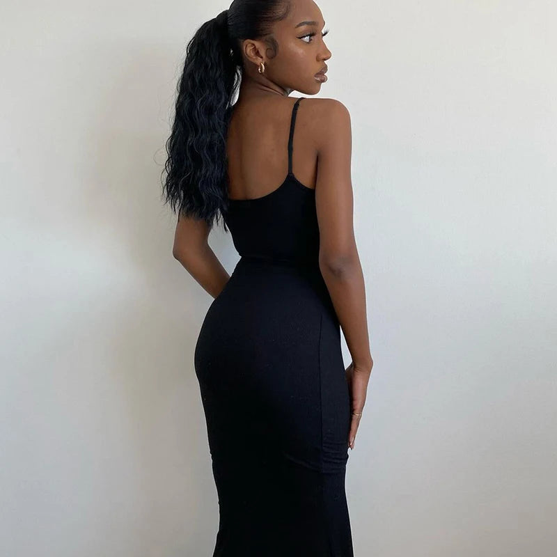 2025 Summer Dresses For Women Sexy Spaghetti Strap Black Long Dress Y2k Sleeveless Solid Skinny Bodycon Trumpet Maxi Vestidos