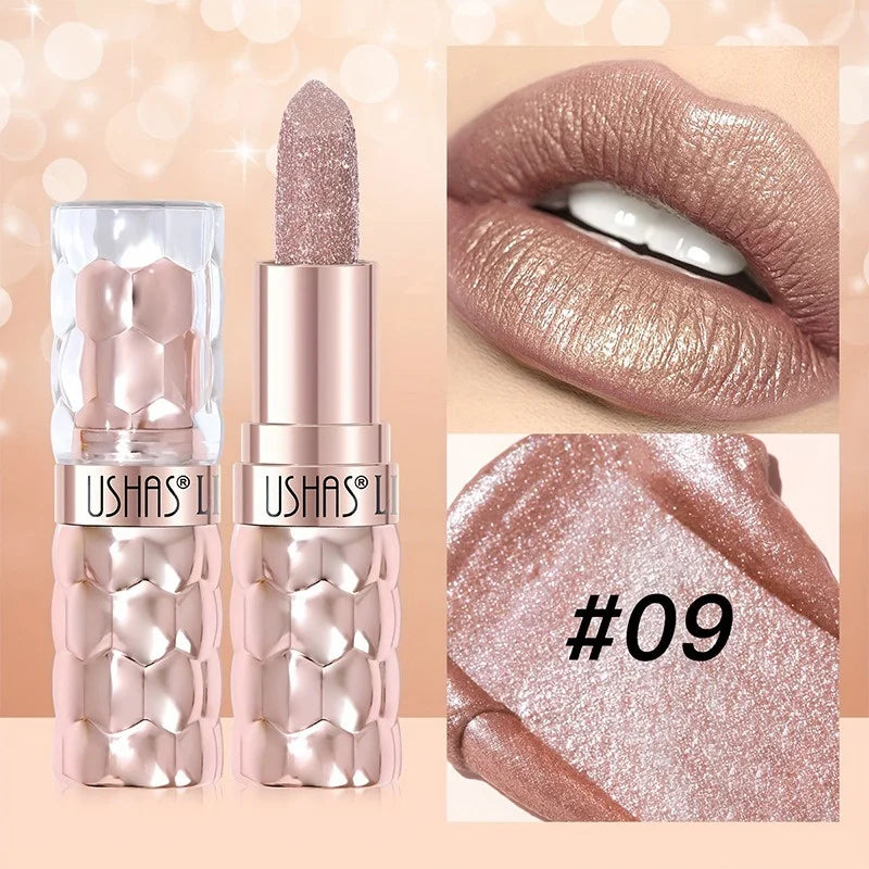 12 Colors Diamond Pearlescent Lipstick Glitter Shiny Metallic Lipstick Long Lasting Lip Tint Non-stick Cup Red Sexy Lips Makeup