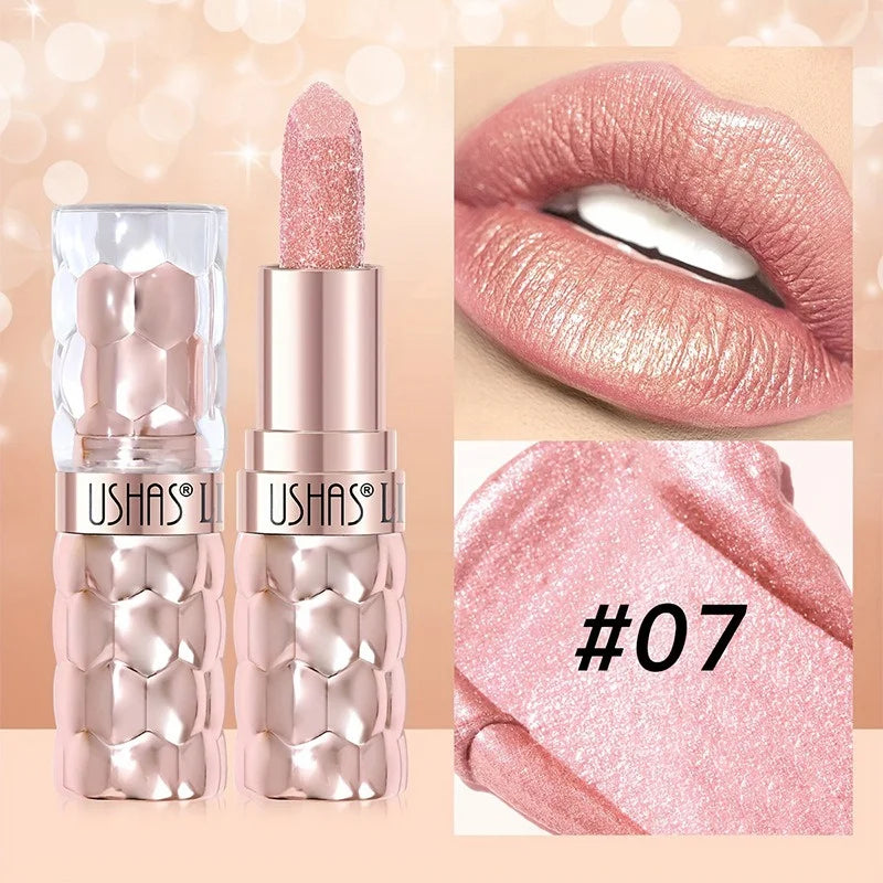 12 Colors Diamond Pearlescent Lipstick Glitter Shiny Metallic Lipstick Long Lasting Lip Tint Non-stick Cup Red Sexy Lips Makeup