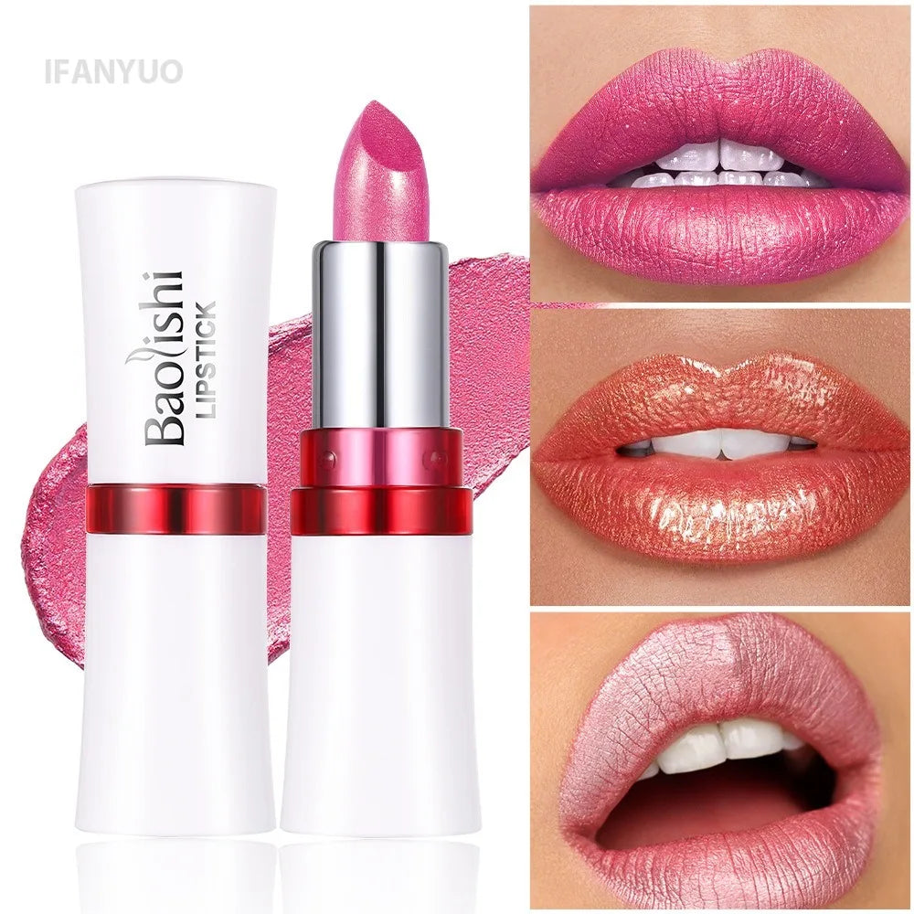 Rose Metallic Lipstick Glitter Lip Glaze Waterproof Long Lasting Moisturize Bright Red Pearlescent Shiny Lipgloss Makeup 12color