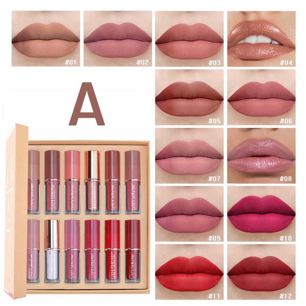 SAM SUGAR 12pcs/set muticolor Book Lip Gloss Set Matte Velvet Non-stick Cup longlasting waterproof easy color Lip gloss lipstick