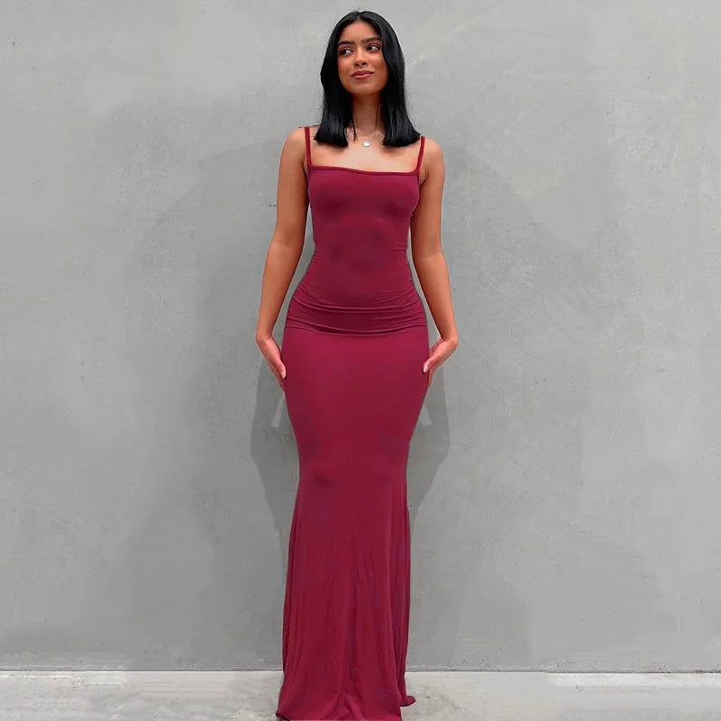 2025 Summer Dresses For Women Sexy Spaghetti Strap Black Long Dress Y2k Sleeveless Solid Skinny Bodycon Trumpet Maxi Vestidos