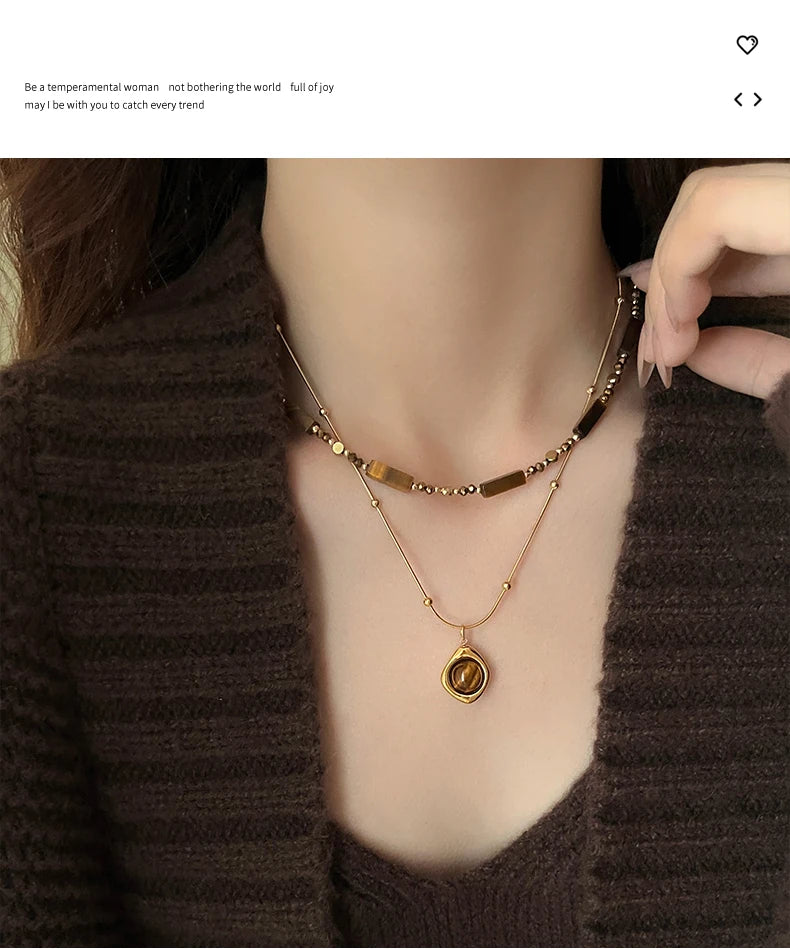 Retro Temperament Layered Tiger Eye Stone Pendant Necklace For Women Stainless steel Double-Layer Collarbone Chain Sets Jewelry