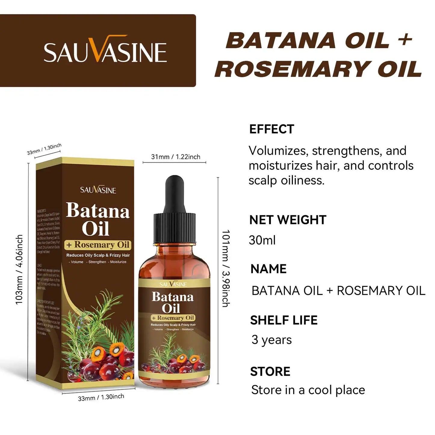 30ML Batana Oil with Rosemary for Hair Growth Reduce Hair Loss Organic Oil for Strengthening Scalp Moisturizing Hair Care Oil