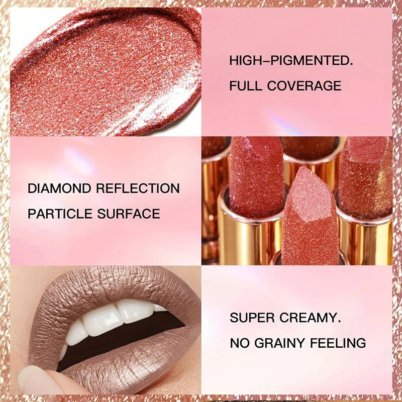 12 Colors Diamond Pearlescent Lipstick Glitter Shiny Metallic Lipstick Long Lasting Lip Tint Non-stick Cup Red Sexy Lips Makeup
