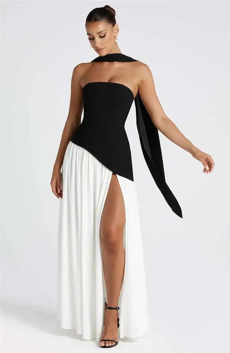 Mozision Strapless Off-shoulder Sexy Maxi Dress For Women Gown Patchwork Scarf Collar Thigh High Split Club Party Long Dress