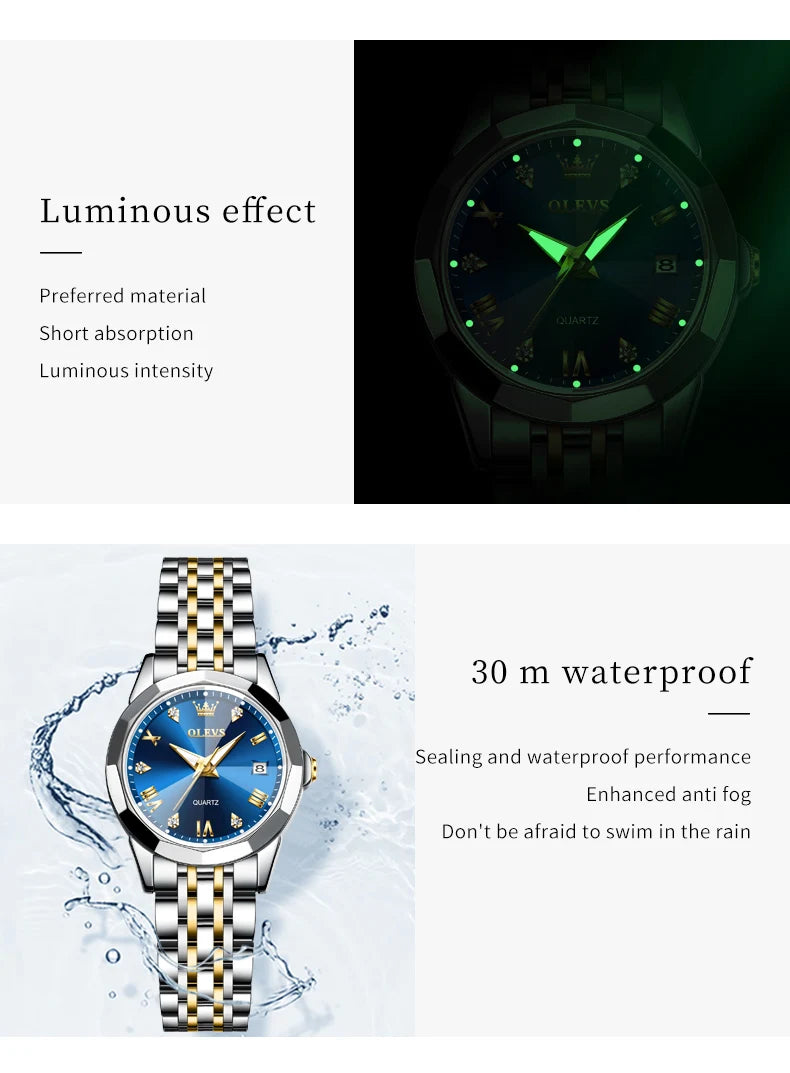 OLEVS Top Brand Women's Watches Elegant Rhombus Mirror Original Quartz Ladies Wristwatch Stainless Waterproof Diamond Wristwatch