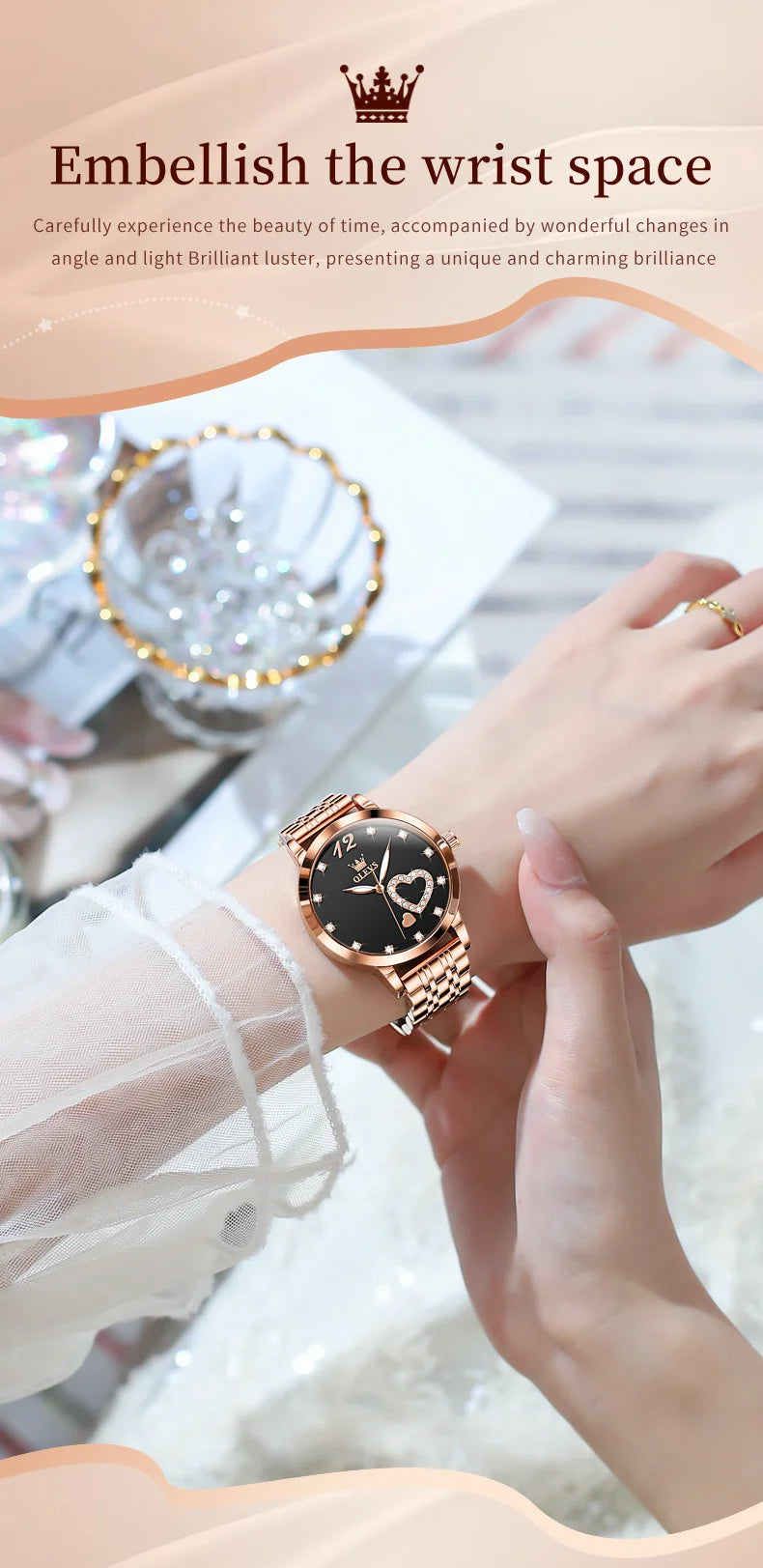 OLEVS 5189 Love Diamond Inlaid Steel Band Women's Quartz Watch