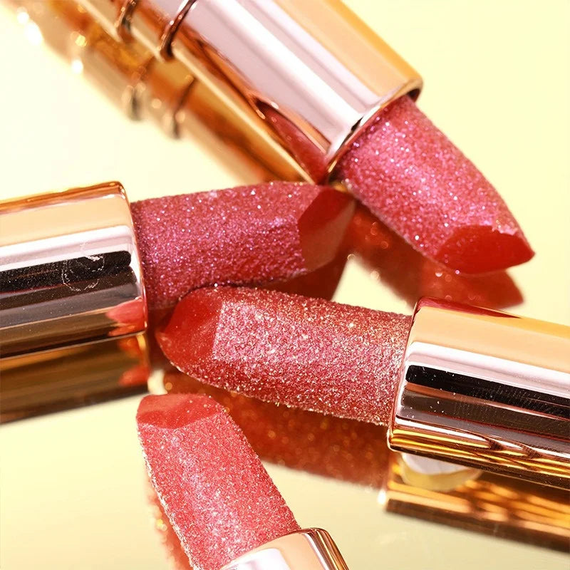 12 Colors Diamond Pearlescent Lipstick Glitter Shiny Metallic Lipstick Long Lasting Lip Tint Non-stick Cup Red Sexy Lips Makeup