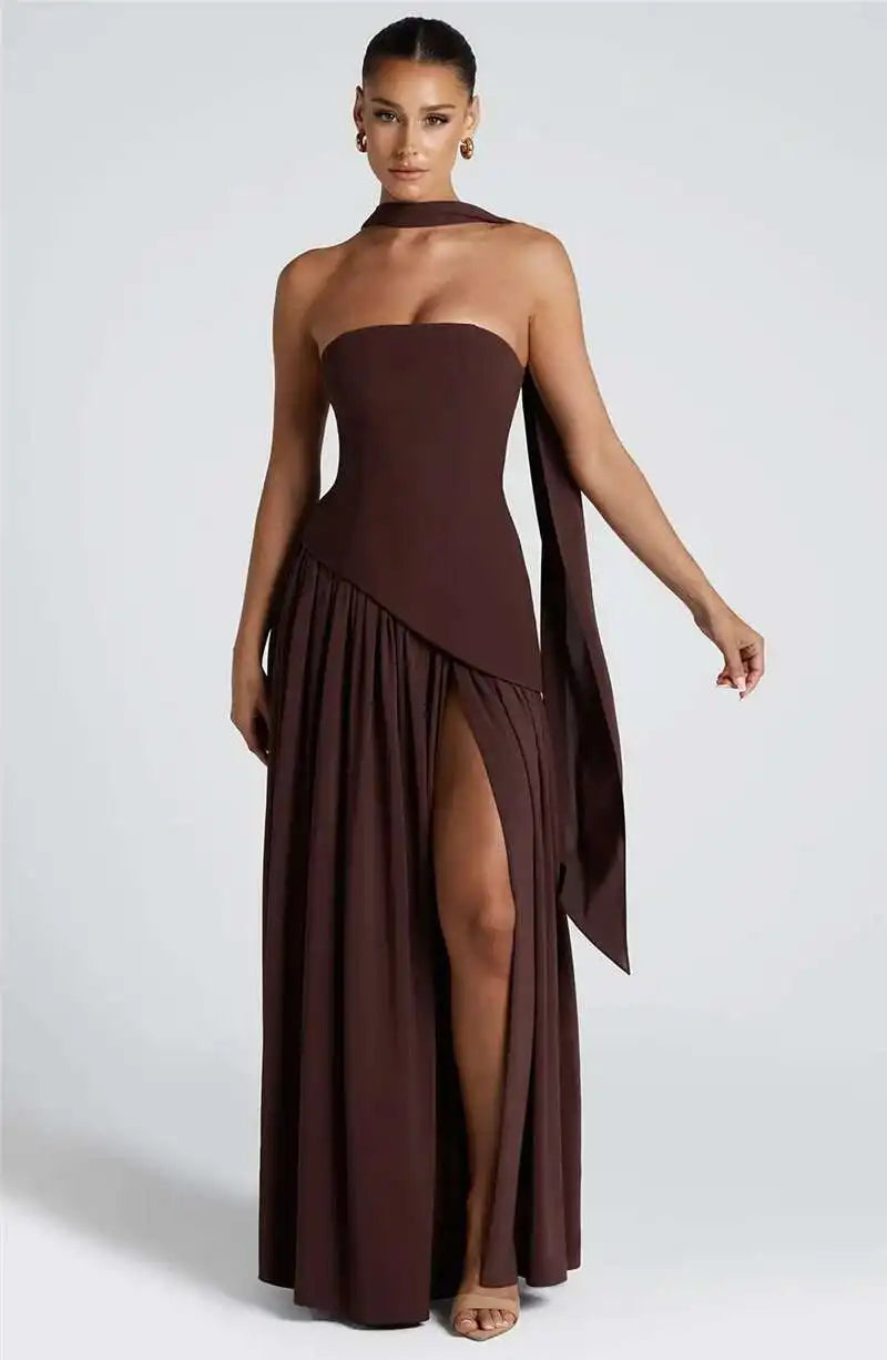 Mozision Strapless Off-shoulder Sexy Maxi Dress For Women Gown Patchwork Scarf Collar Thigh High Split Club Party Long Dress