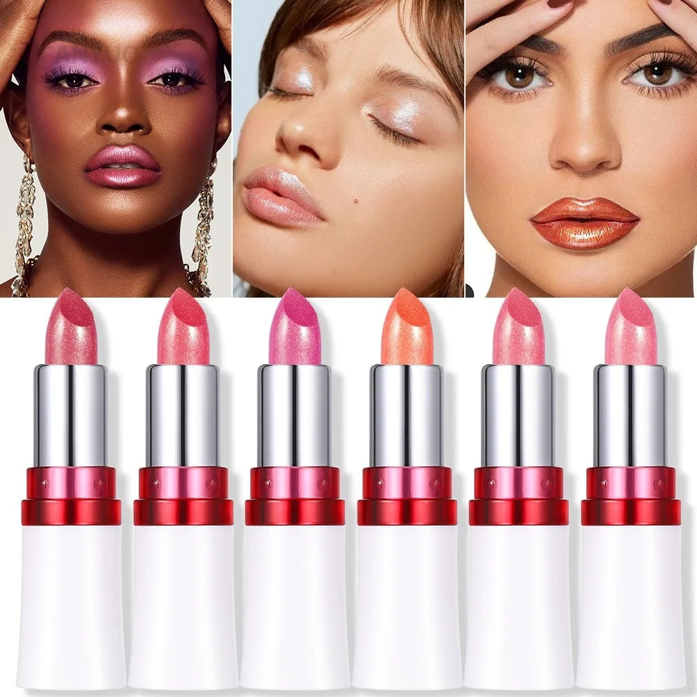 Rose Metallic Lipstick Glitter Lip Glaze Waterproof Long Lasting Moisturize Bright Red Pearlescent Shiny Lipgloss Makeup 12color
