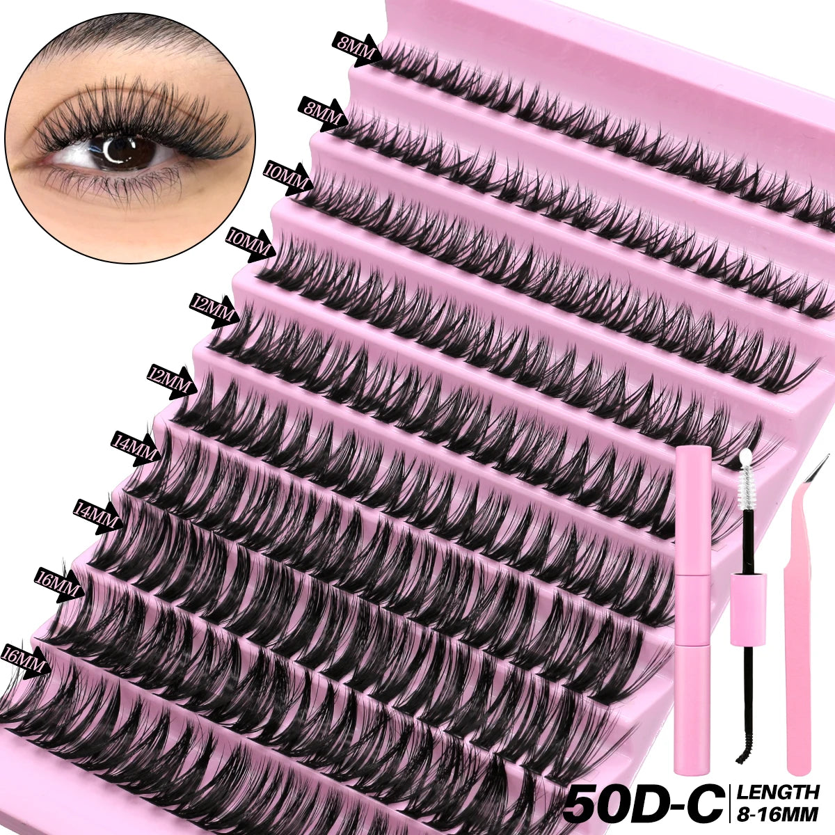 GROINNEYA DIY Lash Extension Kit Volume Lash Clusters Mix Curl Individual Lashes Kit with Lash Bond and Seal Lash Tweezers