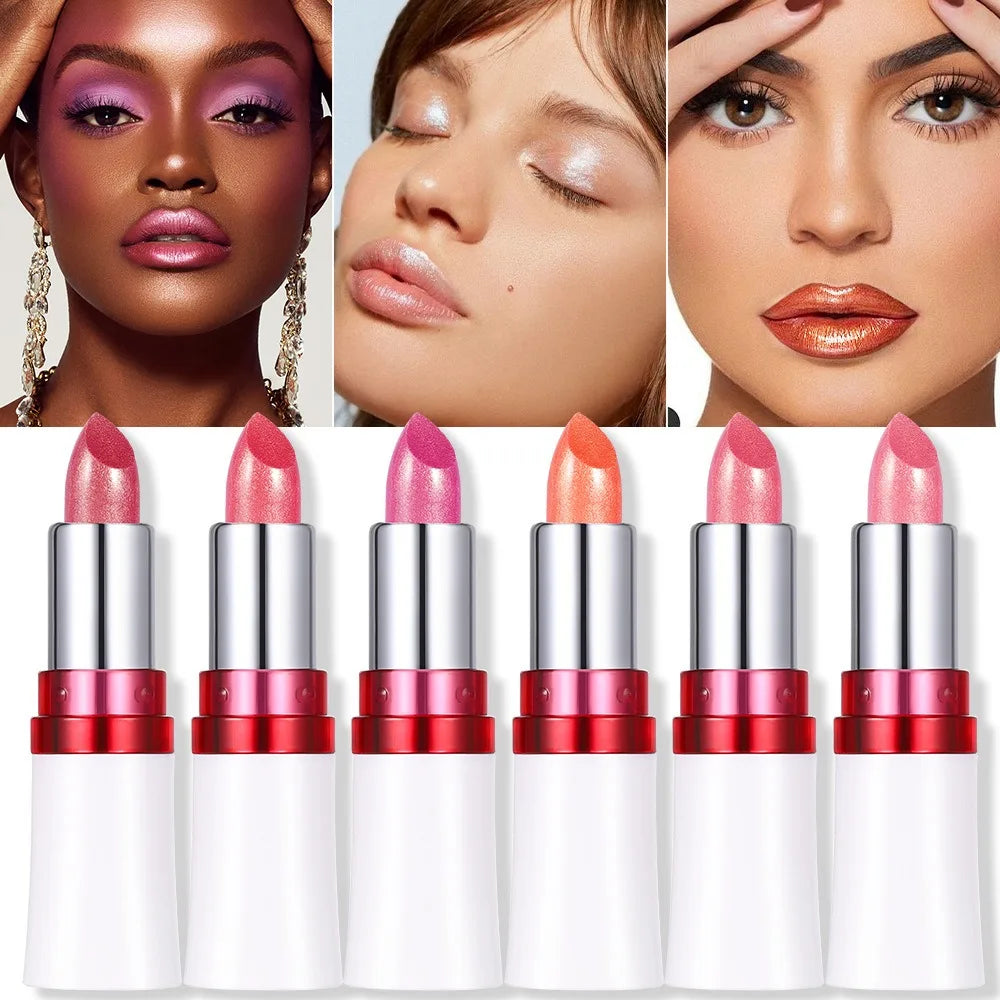 Rose Metallic Lipstick Glitter Lip Glaze Waterproof Long Lasting Moisturize Bright Red Pearlescent Shiny Lipgloss Makeup 12color